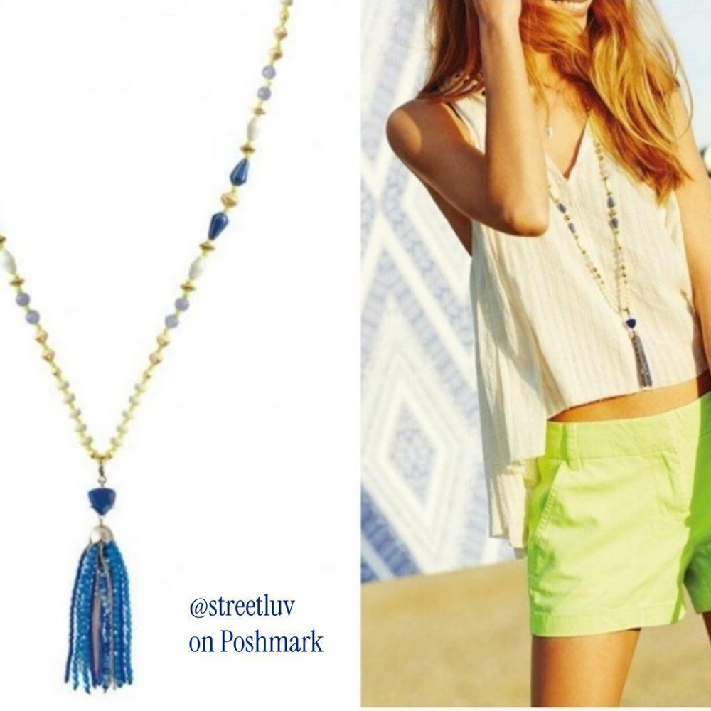 Stella & Dot Azure Tassel Necklace NWT Long Beaded Blue Gold